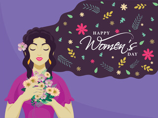 Poster - Happy Women's Day Greeting Card Design with Beautiful Young Girl Character Holding Flowers on Purple Background.