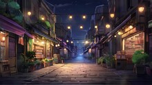 Animated Illustration Of A Street In Front Of A Busy Traditional Market With Shops Selling Goods, With Lights On At Night. Can Be Used For Sales Activities. Background Animation.