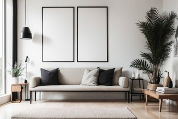 Scandinavian interior home design of modern living room with wooden bench and empty frame of empty mock up poster on white wall