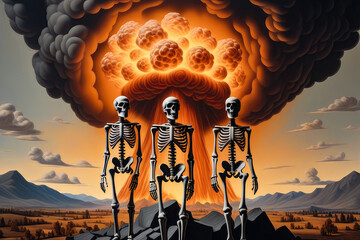 Canvas Print - There are human skeletons in the background of a nuclear explosion. The concept of apocalypse, the end of the world.