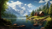 Wood Cabin On The Lake - Log Cabin Surrounded By Trees, Mountains, And Water In Natural Landscapes