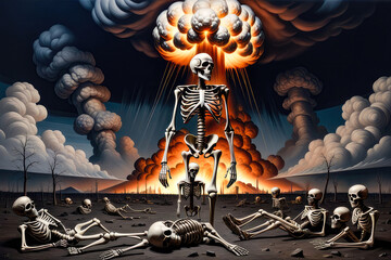 Wall Mural - There are human skeletons in the background of a nuclear explosion. The concept of apocalypse, the end of the world.