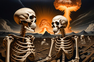 Canvas Print - There are human skeletons in the background of a nuclear explosion. The concept of apocalypse, the end of the world.