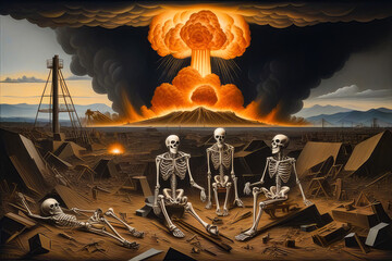 Canvas Print - There are human skeletons in the background of a nuclear explosion. The concept of apocalypse, the end of the world.