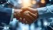 © visoot - Business people shaking hands against technology background, Leader, Teamwork, Target. Generative AI.