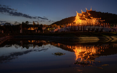 Wall Mural - Night view of Ho Kham Royal Pavilion an iconic symbol of Royal Park Rajapruek in Chiang Mai province of Thailand.