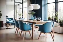 Scandinavian Interior Home Design Of Modern Dining Room With Blue Chairs And Wooden Dining Table With Blue Walls And Windows