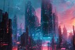: A dystopian city skyline dominated by towering megastructures, their surfaces covered in holographic graffiti and glitched patterns, showcasing the clash between rebellious digital subcultures and