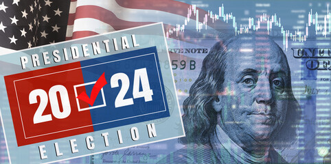 Wall Mural - Closeup dollar on the background of a chart. U.S. economy and presidential election. 3d illustration
