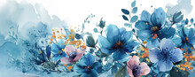 Elegant Artistic Watercolor Illustration Featuring A Swath Of Blue And Pink Flowers With Splashes Of Orange, Suitable For Springtime Or Mother's Day Themes