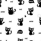 Fototapeta  - Cute seamless pattern with cat. Cute funny pets. Cat with mouse, heart and a balloon.