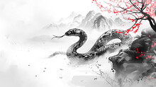 Simple Snake Chinese Zodiac Animal Illustration In Traditional Ink Painting Style. Black And White Gold Theme Color