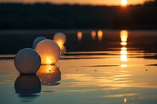: A Serene Lake At Sunset, With A Cluster Of Luminous Orbs Hovering Above The Water, Casting A Surreal Reflection. The Orbs Emit A Soft, Otherworldly Glow That Contrasts With The Warm Hues Of The 
