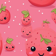 Wall Mural - Kawaii strawberries seamless pattern