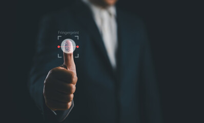 Leinwandbilder - Businessman scan fingerprint biometric identity and approval. The future of security and password control through fingerprints in an immersive technology future and cybernetic concept..