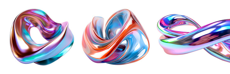 3d fluid abstract metallic holographic colored shape png set transparent background generated by ai