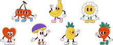 Retro Groovy Cartoon Characters Of Fruits And Flowers. Vector Set Of Cute Daisy And Mushroom, Banana And Strawberry, Cherry And Pineapple, Heart With Funny Face Emotions And Poses For Vintage Design.
