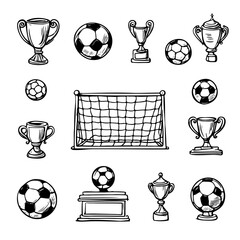 Sketch football elements. Hand drawn soccer ball, championship cup and soccer goal vector illustration set