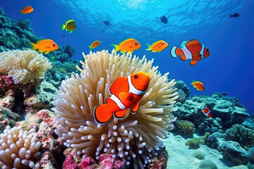 Sticker - Clown fish swimming on anemone underwater reef background, Colorful Coral reef landscape in the deep of ocean. Marine life concept, Underwater world scene.