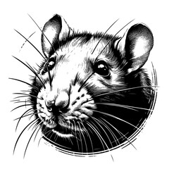 Wall Mural - Mouse. Hand drawn, black and white sketch portrait mouse on white background