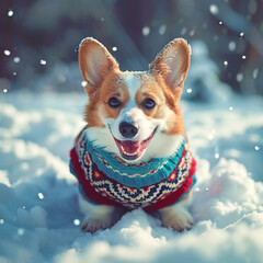 Poster - The lovely corgi dog is playing in the snow wearing a sweater