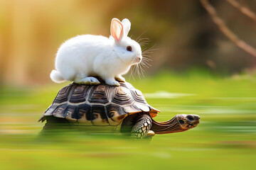 Wall Mural - turtle carrying a rabbit on its back, AI generated