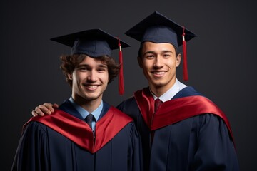 Two smiling male graduates in caps and gowns, celebrating their academic achievement.