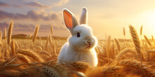 Beautiful Little Domestic White Rabbit Among The Grass And Wildflowers At Sunset,,
Graceful Bunny At Sunset: Meadow Exploration