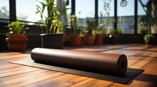 Open Yoga Mat On Wooden Floor In Modern Fitness Center