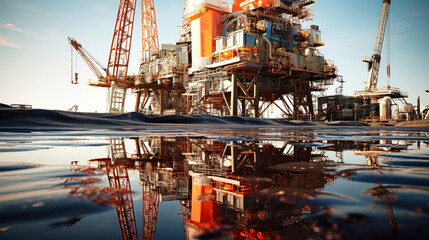 Wall Mural - Oil platform in the ocean. Offshore drilling for gas and oil. Large oil platform for oil and gas production. Industrial resource extraction.