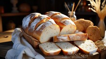 White Bread Or Slices Of Bread In A Basket With A White Cloth.