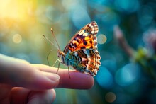 A Beautiful Butterfly On A Human's Finger, Bokeh Background. AI Generative