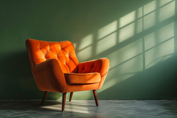 Wall Mural - Orange armchair in front if green wall vintage retro interior style