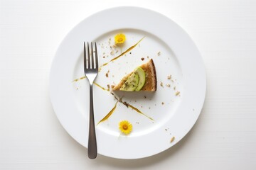 Wall Mural - half-eaten avocado toast on a white plate with a fork