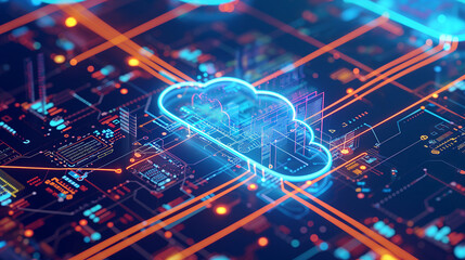 blue cloud floating on top of circuit board, cloud computing