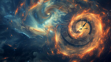 A Creative Montage Of A Clock Merging Into A Swirling Galaxy, Symbolizing Time Management And Long-term Vision In Business. --ar 16:9 --v 6.0