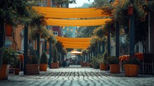 An Umbrella To Cover The Street: A Stylish And Functional Solution Enhancing Urban Landscapes, Shelter And Aesthetic For Pedestrians In All Weather Conditions, A Vibrant Outdoor Experience