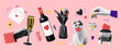Valentine day halftone collage set with funky doodle shapes. Flower, bottle, cake, letter, champagne. Trendy vector illustration