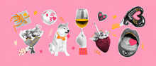 Valentine Day Halftone Style Collage Elements With Funky Doodle Shapes. Balloons, Gift, Champagne, Strawberry, Mouth, Dog. Trendy Vector Illustration
