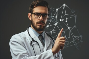 Wall Mural - Doctor in lab coat with stethoscope pointing at a digital network structure on a dark background.