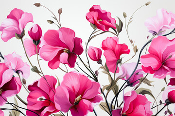 Pink sweet pea flowers on white background. 