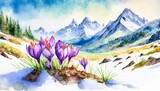 Fototapeta Fototapeta z niebem - Wczesnowiosenny krajobraz z krokusami, słońcem i górami