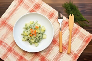 Wall Mural - cucumber dill salad with fork, napkin, on bamboo mat