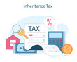 Inheritance tax. An illustration simplifying tax calculations on estate assets, with symbols representing home ownership and financial responsibilities. Flat vector illustration