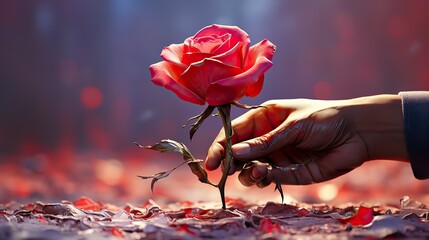   two hands holding a red rose on table,Valentines Day, Propose day,  Valentines Day date. 