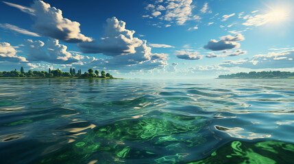 Wall Mural - Clouds and sea, green sea, light reflection from clouds to sea, green clouds, simple green background