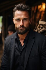 Portrait of a European man with a beard in a formal suit against the background of an African village