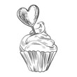 Sketch style muffin with heart shaped candy. Line art sweets. Cupcake with cream on top. Valentines day design element. Engraving style muffin