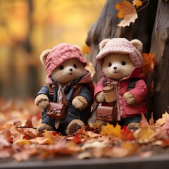    two stuffed bears sitting on the walkway to autumn leaves,Valentines Day, Propose day,  Valentines Day date. 