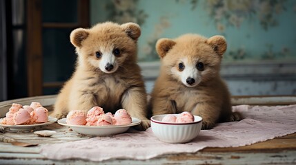 Wall Mural -   two valentines day teddy bears sitting on a marble table ,Valentines Day, Propose day,  Valentines Day date. 